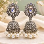 Oxidized Silver Crystal Pearl Jhumka Earrings for Women | Traditional Bridal & Ethnic Jewellery