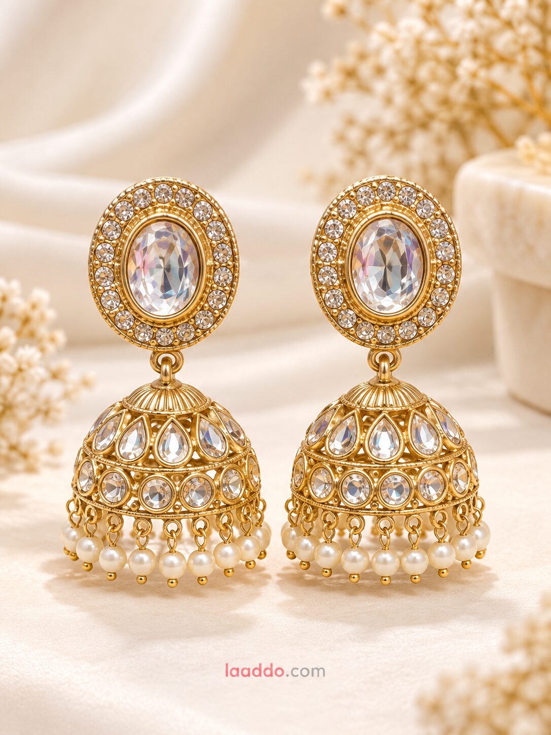 2026/10/1001806419.jpg Gold-Plated Crystal Studded Pearl Drop Jhumka Earrings for Women | Traditional Party Wear Ethnic Jewellery - Image 1