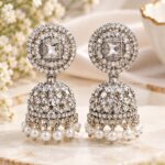 Silver Crystal Studded Pearl Jhumka Earrings for Women | Elegant Party Wear & Traditional Ethnic Jewellery