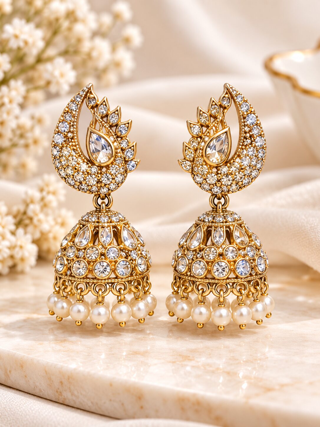 2026/10/1001806425.jpg Gold-Plated Crystal Teardrop Jhumka Earrings for Women | Elegant Pearl Drop Traditional Party Wear Jewellery - Image 1