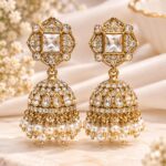 Gold-Plated Square Crystal Pearl Jhumka Earrings for Women | Traditional Bridal & Party Wear Ethnic Jewellery