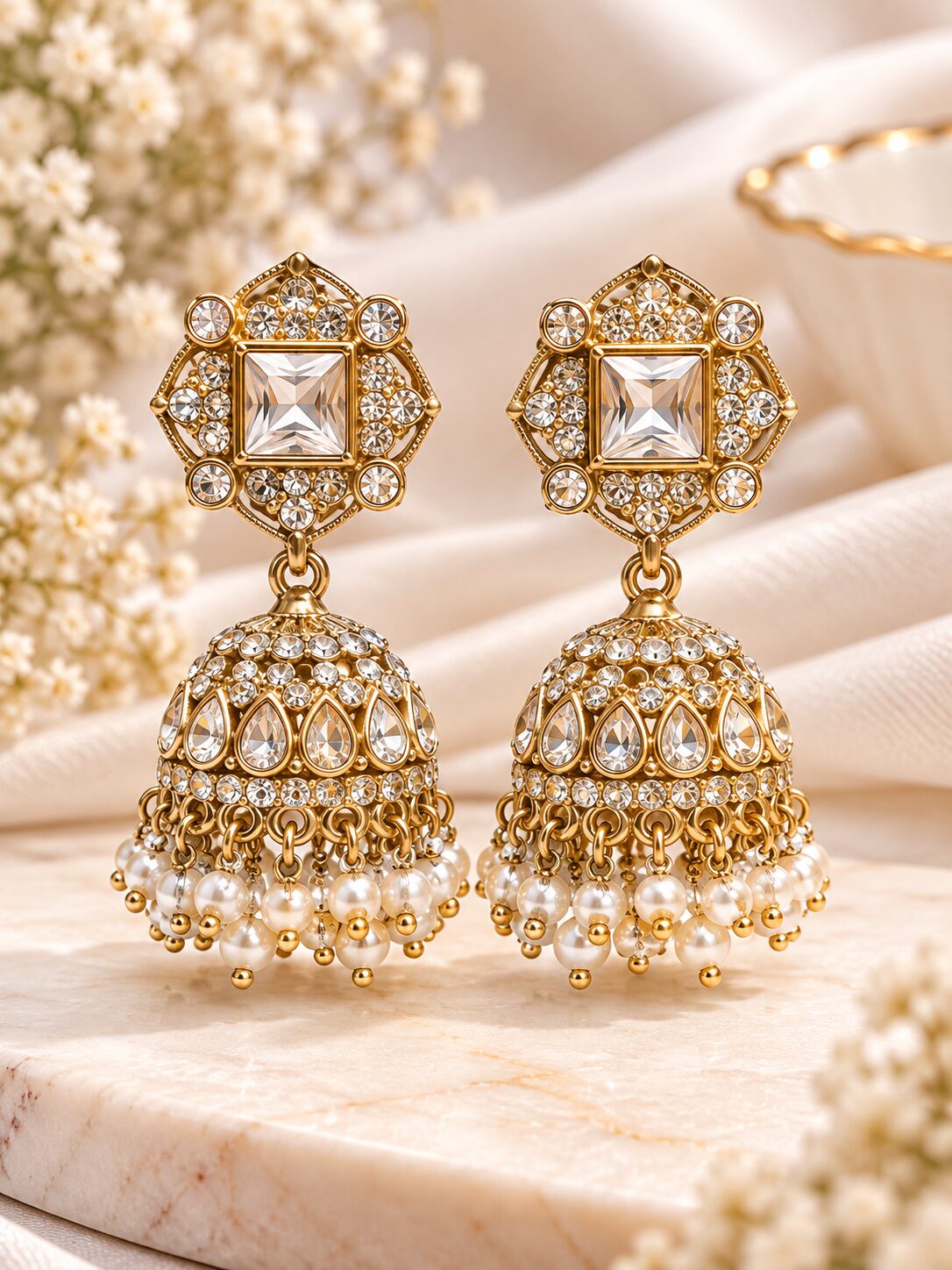 2026/10/1001806427.jpg Gold-Plated Square Crystal Pearl Jhumka Earrings for Women | Traditional Bridal & Party Wear Ethnic Jewellery - Image 1