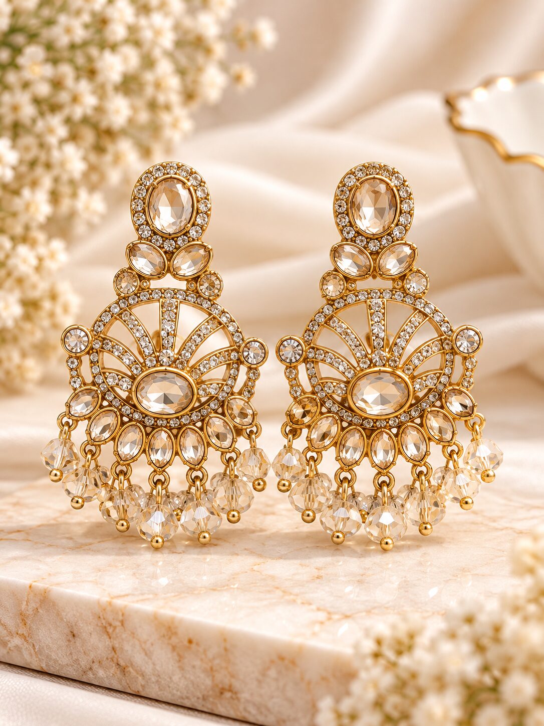 2026/10/1001806429.jpg Gold-Plated Crystal Chandelier Earrings for Women | Elegant Champagne Stone Party Wear & Bridal Jewellery - Image 1