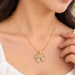 Gold-Plated Crystal Bow Pendant Necklace for Women – Elegant Korean Style Jewellery