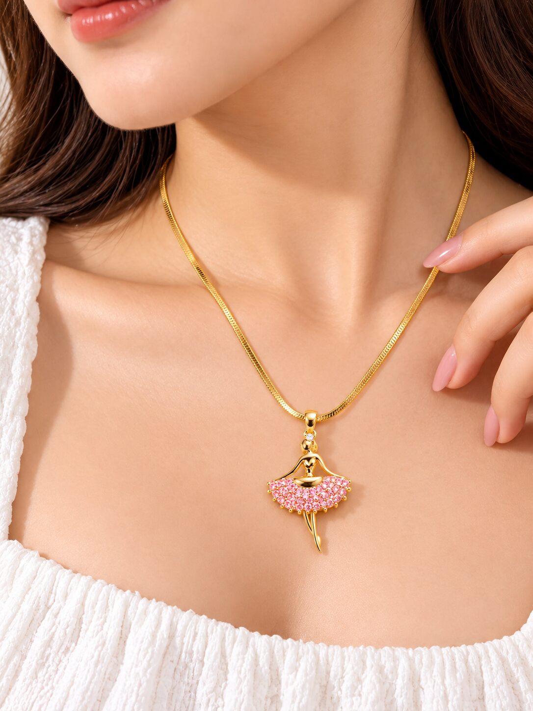 2026/10/1001806787.jpg Gold-Plated Pink Crystal Ballerina Pendant Necklace for Women | Elegant Korean Fashion Jewellery - Image 1