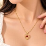 Gold-Plated Red Heart Pendant Necklace for Women | Elegant Korean Beaded Chain Fashion Jewellery