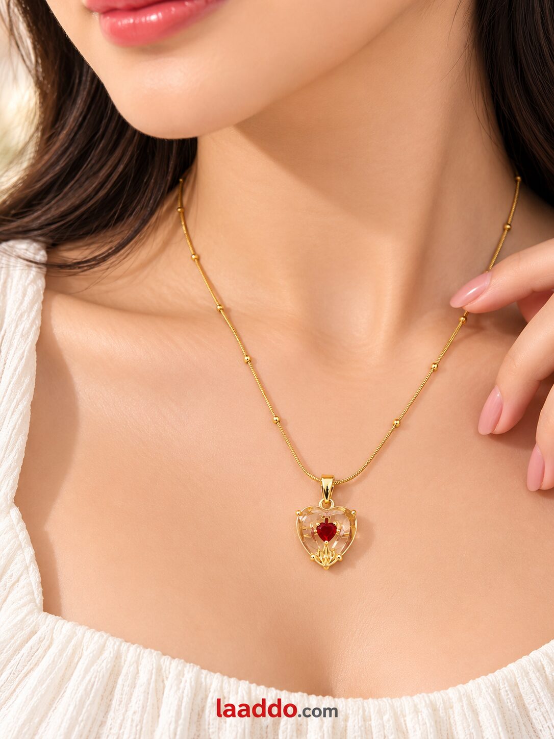 2026/10/1001806800.jpg Gold-Plated Red Heart Pendant Necklace for Women | Elegant Korean Beaded Chain Fashion Jewellery - Image 1