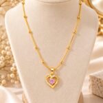 Gold-Plated Pink Crystal Heart Pendant Necklace for Women | Elegant Korean Beaded Chain Jewellery