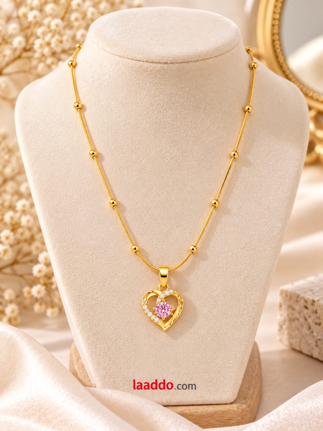 2026/10/1001806812.jpg Gold-Plated Pink Crystal Heart Pendant Necklace for Women | Elegant Korean Beaded Chain Jewellery - Image 1