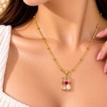 Gold-Plated Red Heart Crystal Pendant Necklace for Women | Elegant Korean Beaded Chain Fashion Jewellery
