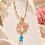 Gold-Plated Pink Heart & Blue Teardrop Floral Pendant Necklace for Women | LAADDO.com