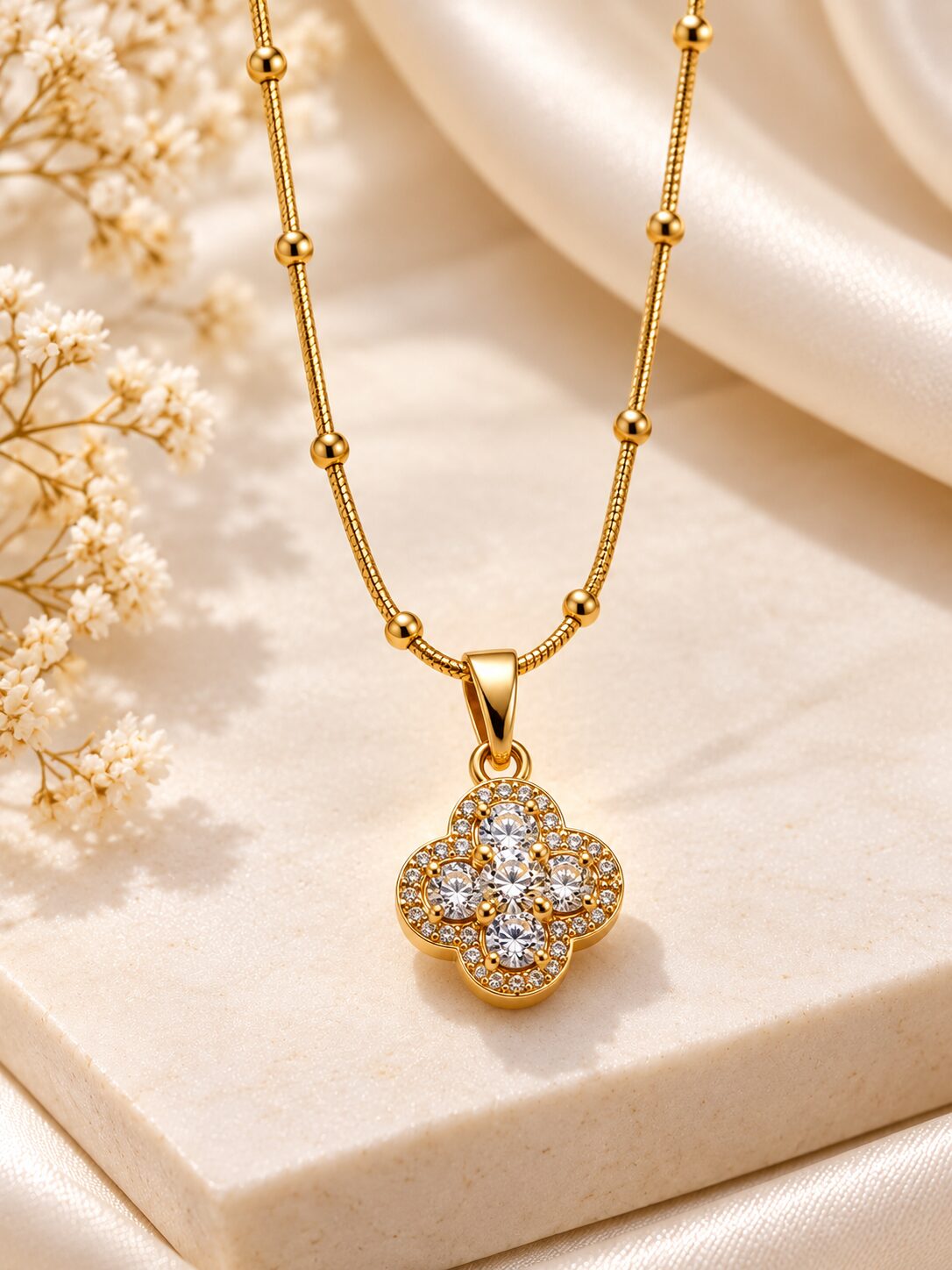 2026/10/1001806868.jpg Gold-Plated Sparkling Clover Pendant Necklace for Women | LAADDO.com - Image 1