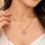 Pink Butterfly Pendant Gold-Tone Necklace with Crystal Drop | Elegant Korean Style Jewellery – LAADDO.com