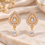 Gold-Plated CZ Double Teardrop Earrings with Crystal Drops – Elegant Party Wear Jewellery |