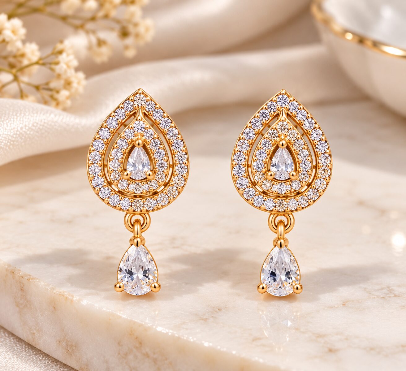 2026/10/1001807765.jpg Gold-Plated CZ Double Teardrop Earrings with Crystal Drops – Elegant Party Wear Jewellery | - Image 1
