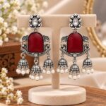 Oxidized Silver Maroon Stone Jhumka Earrings with Pearl Drops – Traditional Ethnic Jewellery |
