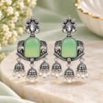 Oxidized Silver Mint Green Stone Jhumka Earrings with Pearl Drops – Traditional Ethnic Jewellery