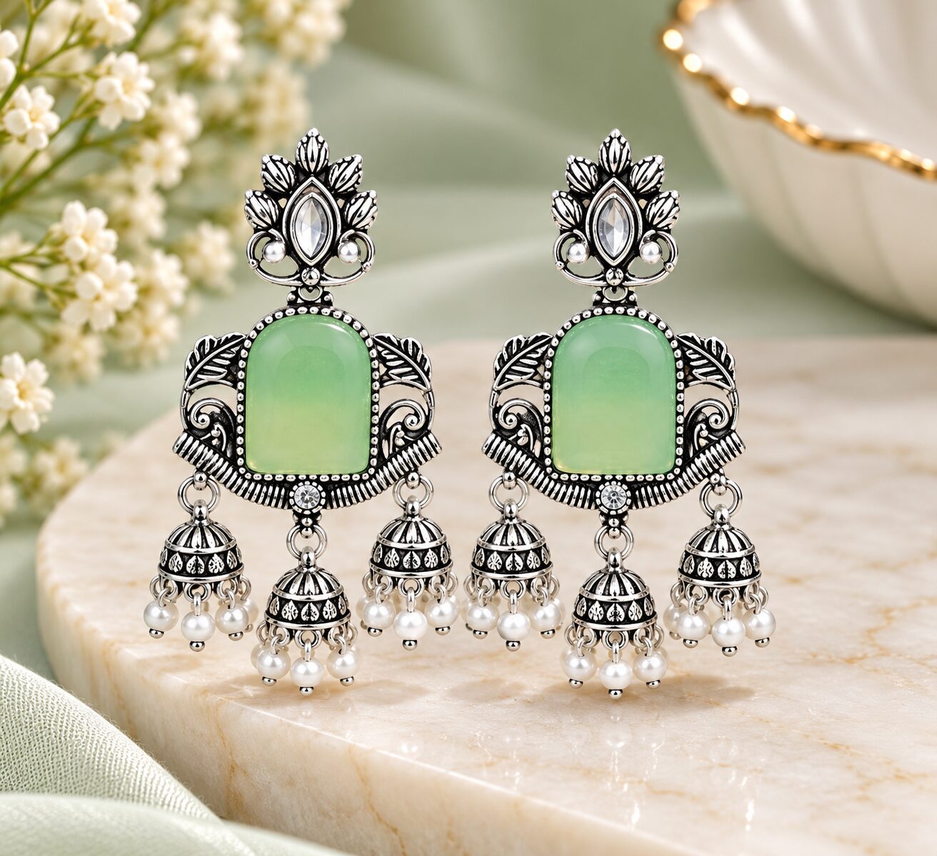 2026/10/1001807771.jpg Oxidized Silver Mint Green Stone Jhumka Earrings with Pearl Drops – Traditional Ethnic Jewellery - Image 1