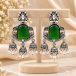 Oxidized Silver Green Stone Jhumka Earrings with Pearl Drops – Traditional Ethnic Jewellery |