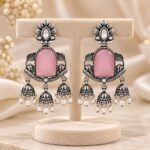 Oxidized Silver Pink Stone Jhumka Earrings with Pearl Beads – Traditional Indian Ethnic Jewellery
