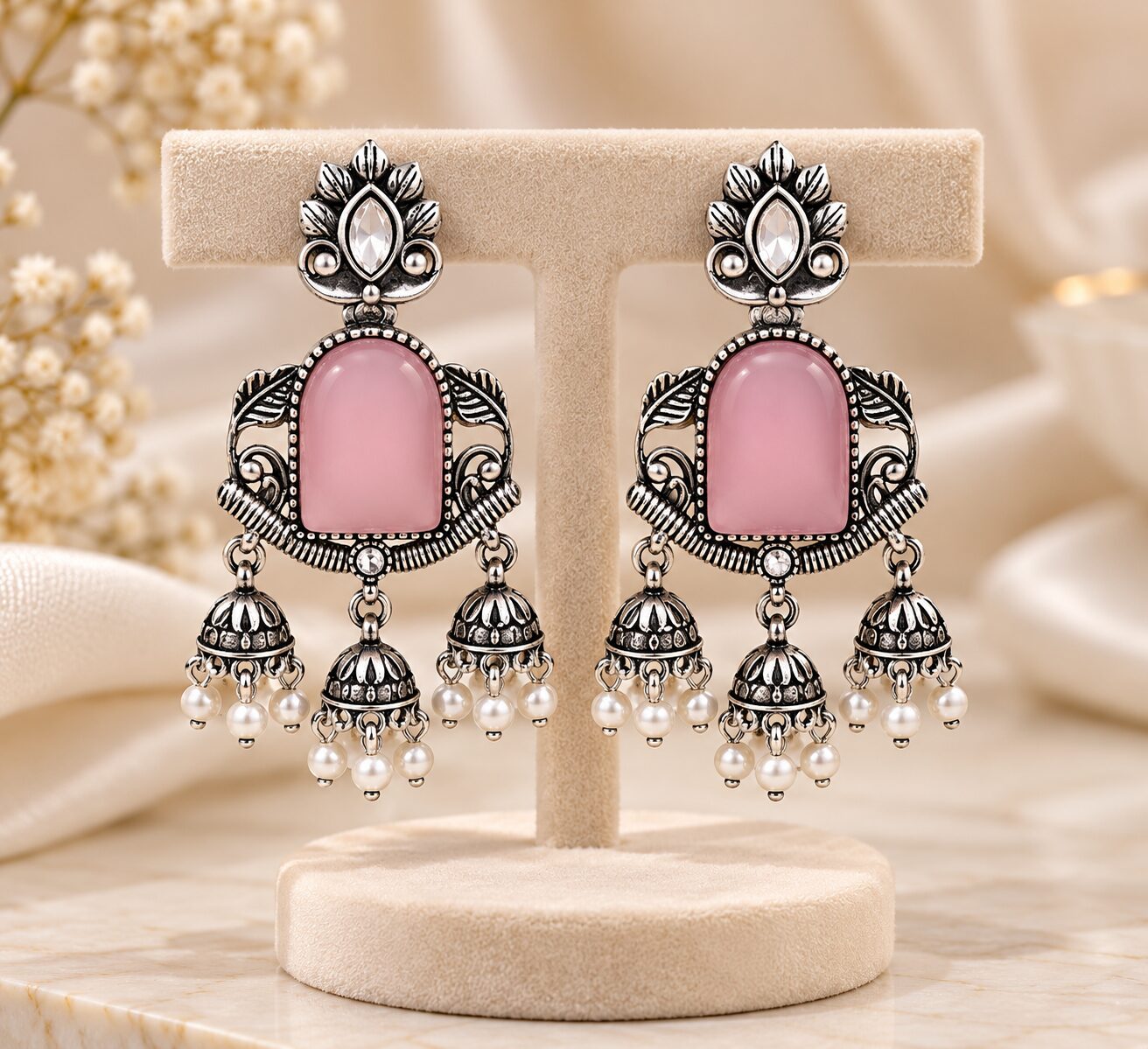 2026/10/1001807775.jpg Oxidized Silver Pink Stone Jhumka Earrings with Pearl Beads – Traditional Indian Ethnic Jewellery - Image 1