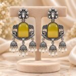 Oxidized Silver Olive Yellow Stone Jhumka Earrings with Pearl Drops – Traditional Ethnic Jewellery