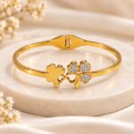 Gold-Plated Clover Design CZ Stone Bracelet for Women – Elegant Stainless Steel Bangle |