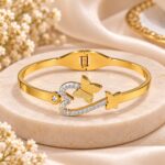 Gold-Plated Butterfly Heart Design CZ Stone Bracelet for Women – Elegant Stainless Steel Bangl