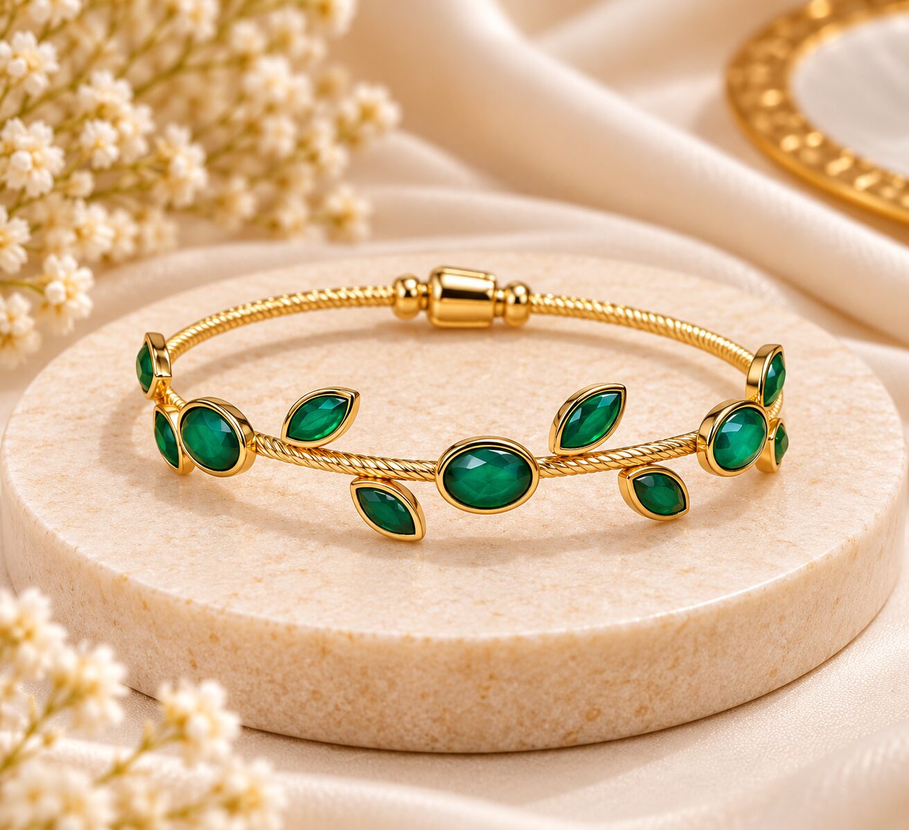 2026/10/1001807784.jpg Elegant Gold-Plated Green Stone Bracelet | Stylish Western Kada for Women – - Image 1