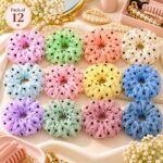 SEO Product Title: Korean Sheer Chiffon Scrunchies with Black Heart Print – Multicolor Hair Accessories, Pack of 12