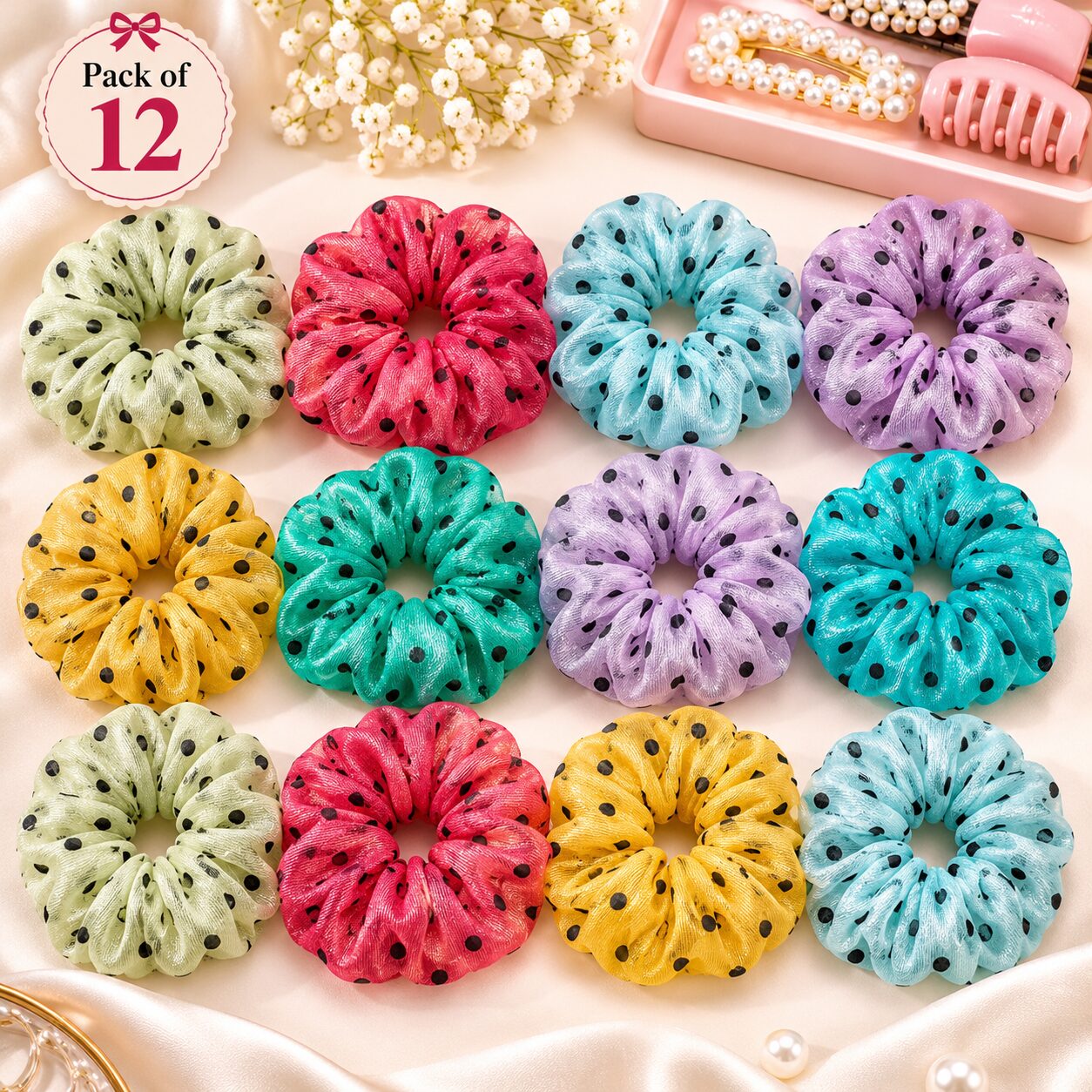 2026/10/1001807997.jpg SEO Product Title: Korean Sheer Mesh Scrunchies with Black Polka Dot Print – Multicolor Hair Accessories, Pack of 12 - Image 1
