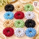 SEO Product Title: Korean Sheer Mesh Scrunchies with Black Polka Dot Print – Multicolor Hair Accessories, Pack of 12