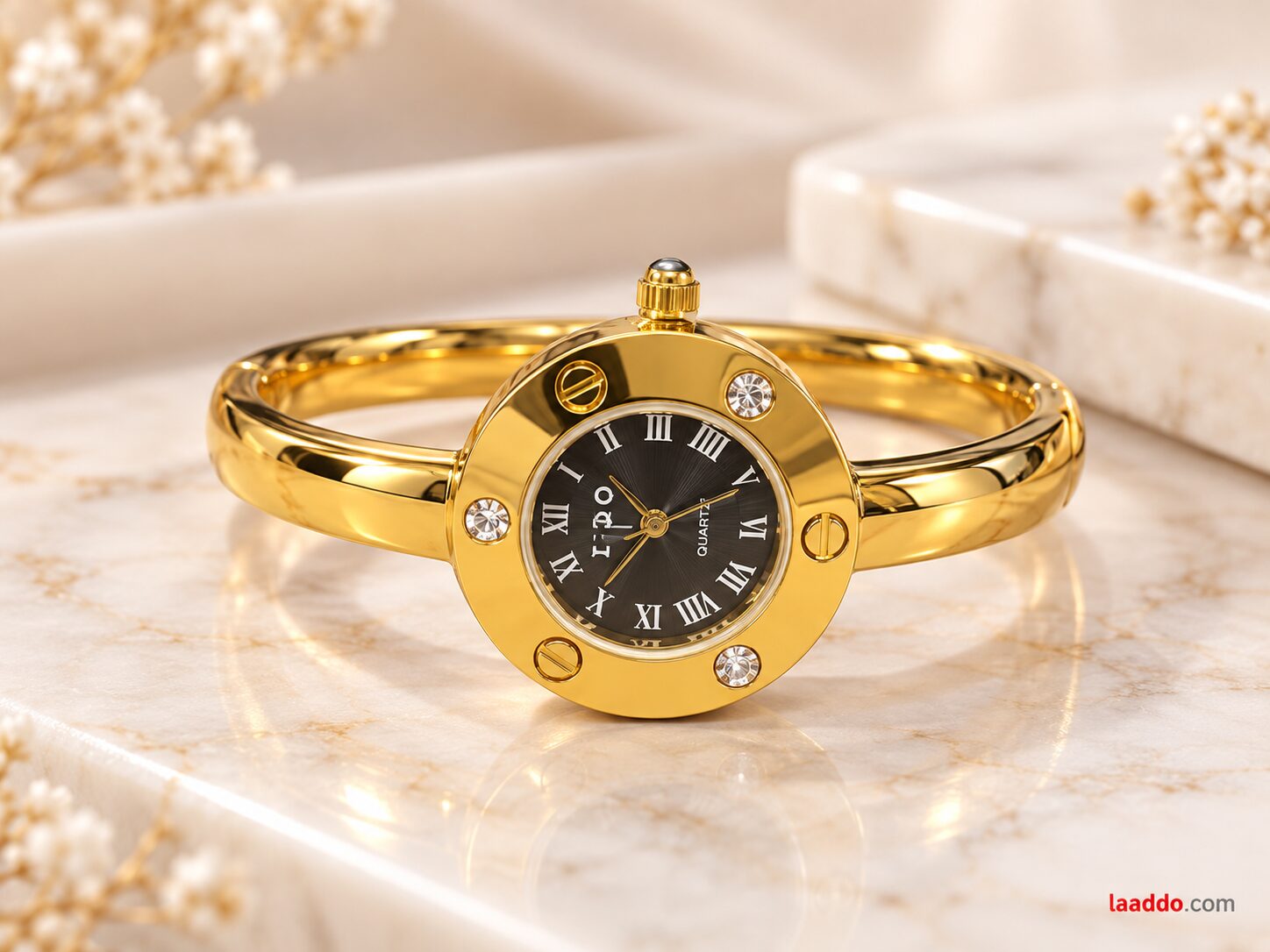 2026/10/1003581979.jpg Luxury Golden Bangle Watch – Black Dial Roman Numeral Bracelet Watch - Image 1