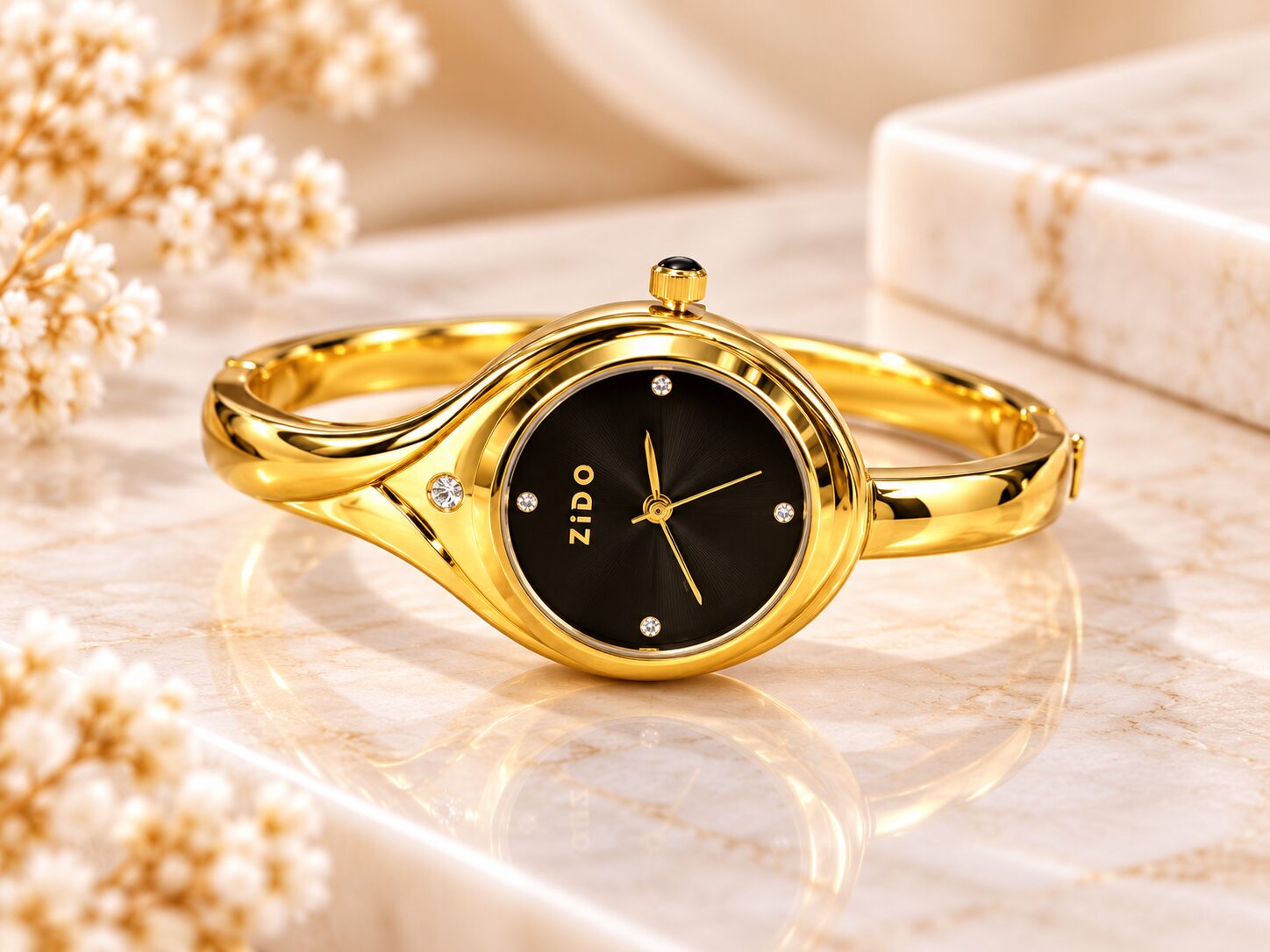 2026/10/1003581983.jpg Luxury Golden Bangle Watch – Black Dial Roman Numeral Bracelet Watch - Image 1