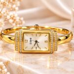Luxury Golden Rectangular Watch – Crystal Studded Bangle Bracelet Watch