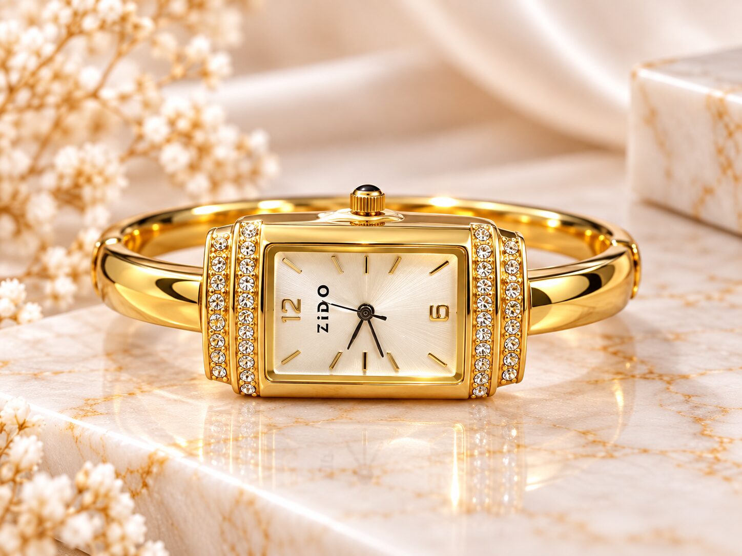 2026/10/1003581985.jpg Luxury Golden Rectangular Watch – Crystal Studded Bangle Bracelet Watch - Image 1