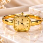 Luxury Golden Square Dial Watch – Elegant Women’s Bangle Bracelet Watch