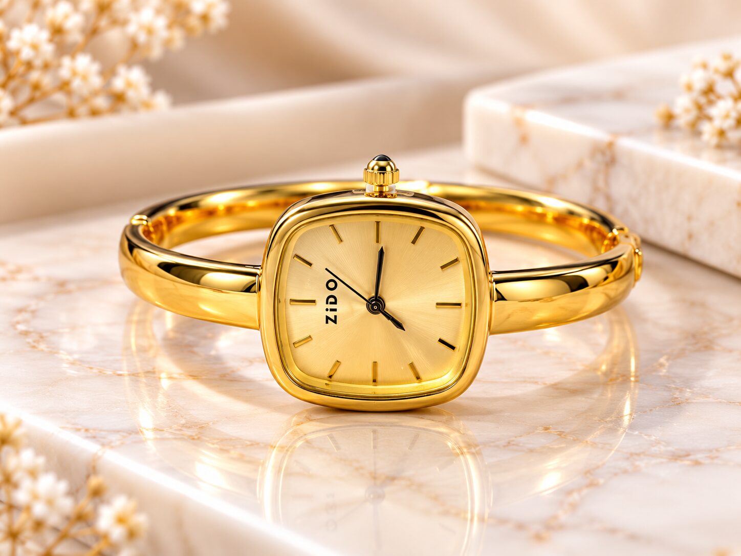 2026/10/1003581987.jpg Luxury Golden Square Dial Watch – Elegant Women’s Bangle Bracelet Watch - Image 1