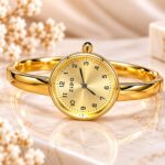 Luxury Golden Round Dial Watch – Elegant Women’s Bangle Bracelet Watch
