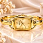 Luxury Golden Rectangular Dial Watch – Elegant Women’s Bangle Bracelet Watch