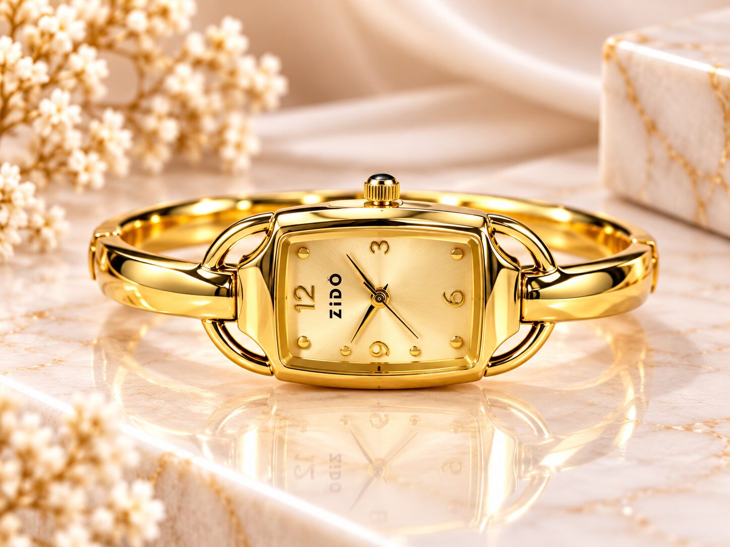 2026/10/1003581992.jpg Luxury Golden Rectangular Dial Watch – Elegant Women’s Bangle Bracelet Watch - Image 1