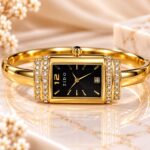 Luxury Golden Black Dial Watch – Crystal Studded Rectangular Bangle Watch