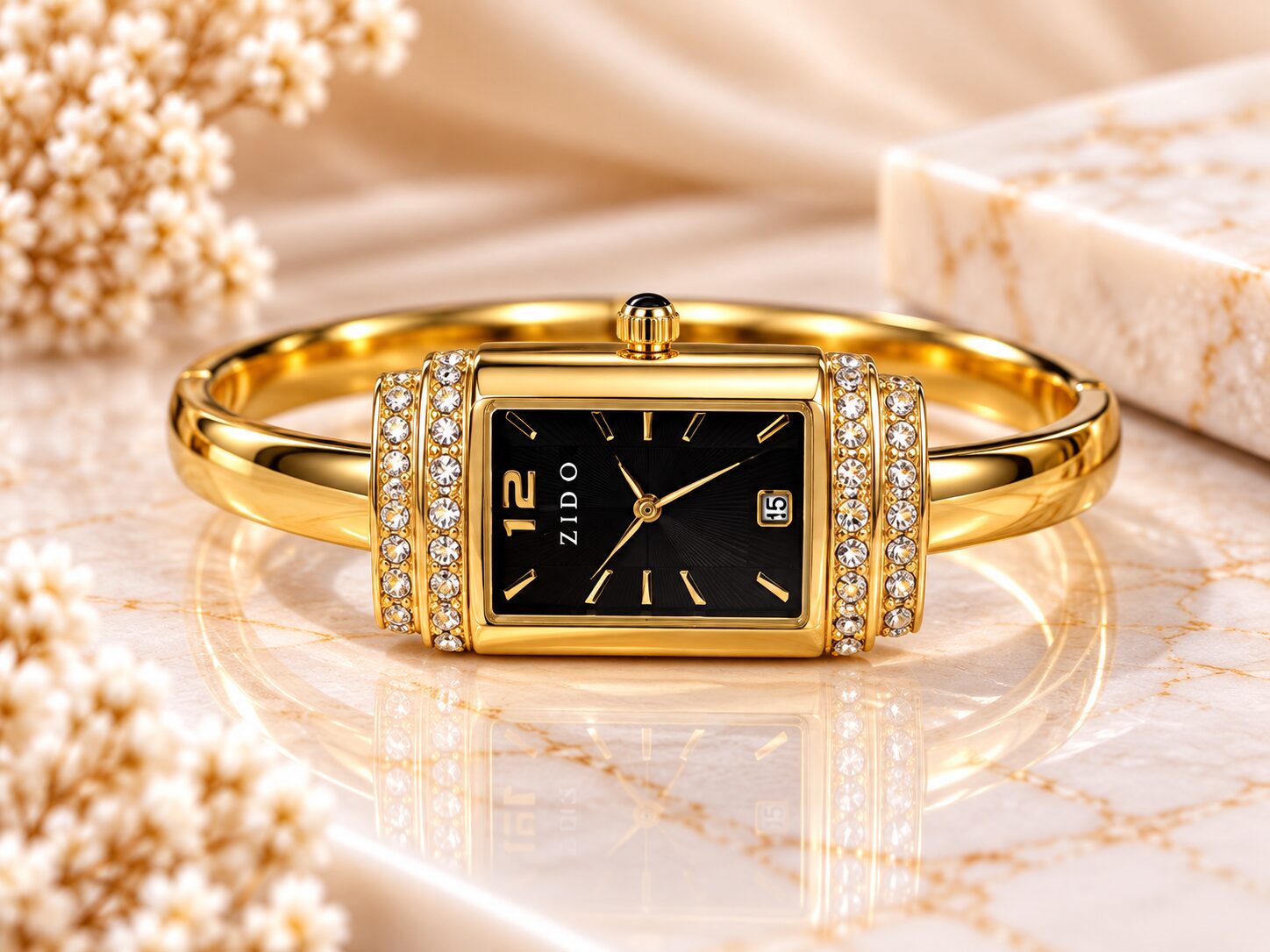 2026/10/1003581994.jpg Luxury Golden Black Dial Watch – Crystal Studded Rectangular Bangle Watch - Image 1