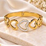 Gold-Tone Heart Design Crystal Studded Designer Bangle | Elegant Korean Style