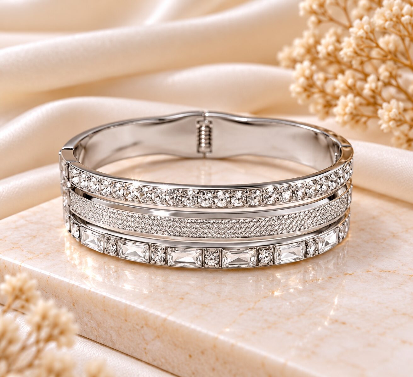 2026/10/1003582014.jpg Silver-Tone Multi-Layer Crystal Studded Designer Bangle | Premium Elegant Bracelet - Image 1