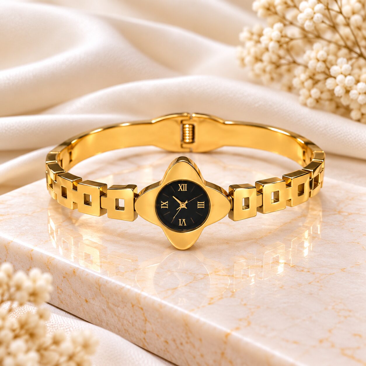 2026/10/1003582019.jpg Luxury Gold-Tone Black Dial Bangle Watch | Elegant Korean Style Fashion Watch - Image 1