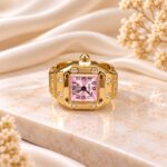 Gold-Tone Pink Dial Crystal Studded Ring Watch | Elegant Korean Style Fashion Watch