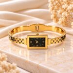 Gold-Tone Black Dial Rectangular Bangle Watch | Elegant Korean Style Fashion Watch