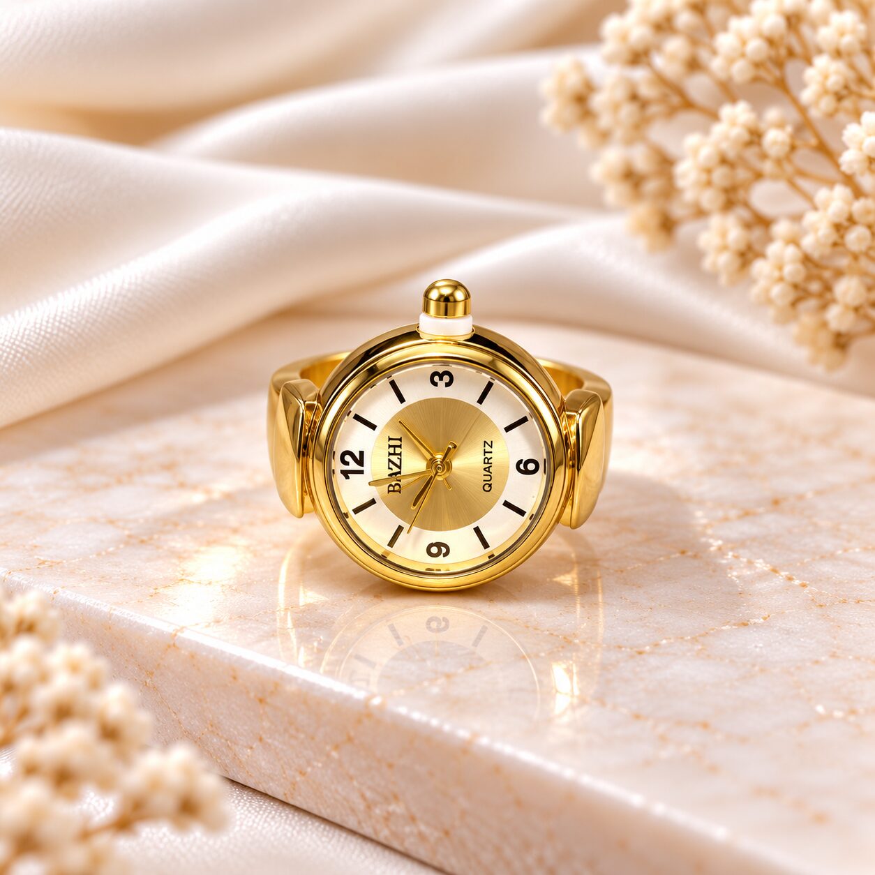 2026/10/1003582025.jpg Luxury Gold-Tone Round Dial Ring Watch | Elegant Korean Style Fashion Watch - Image 1