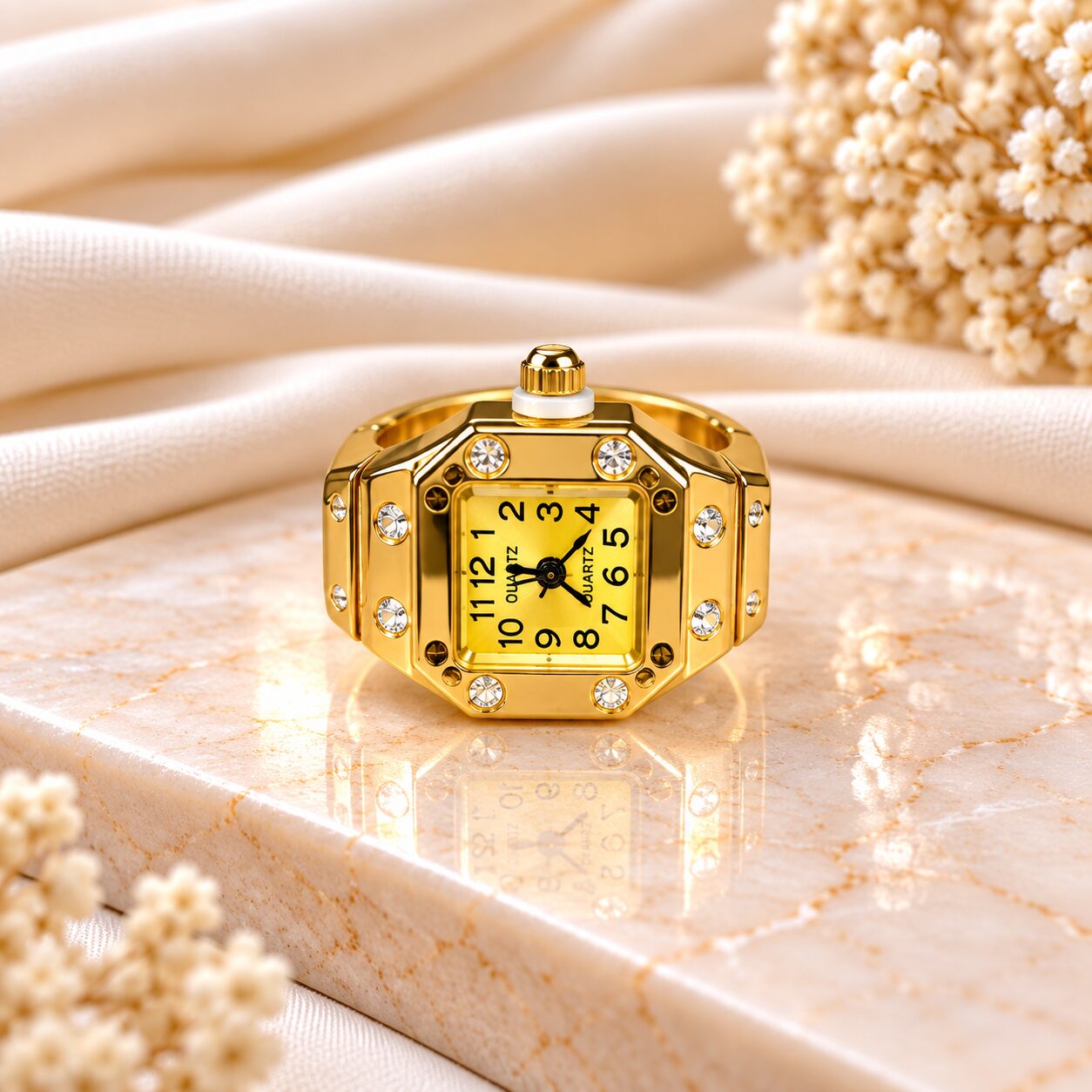 2026/10/1003582027.jpg Gold-Tone Crystal Studded Square Dial Ring Watch | Premium Korean Style - Image 1